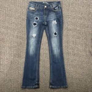 Amethyst Jeans Women 7 Distressed Bootcut Denim Medium Wash Embroidered Low Rise